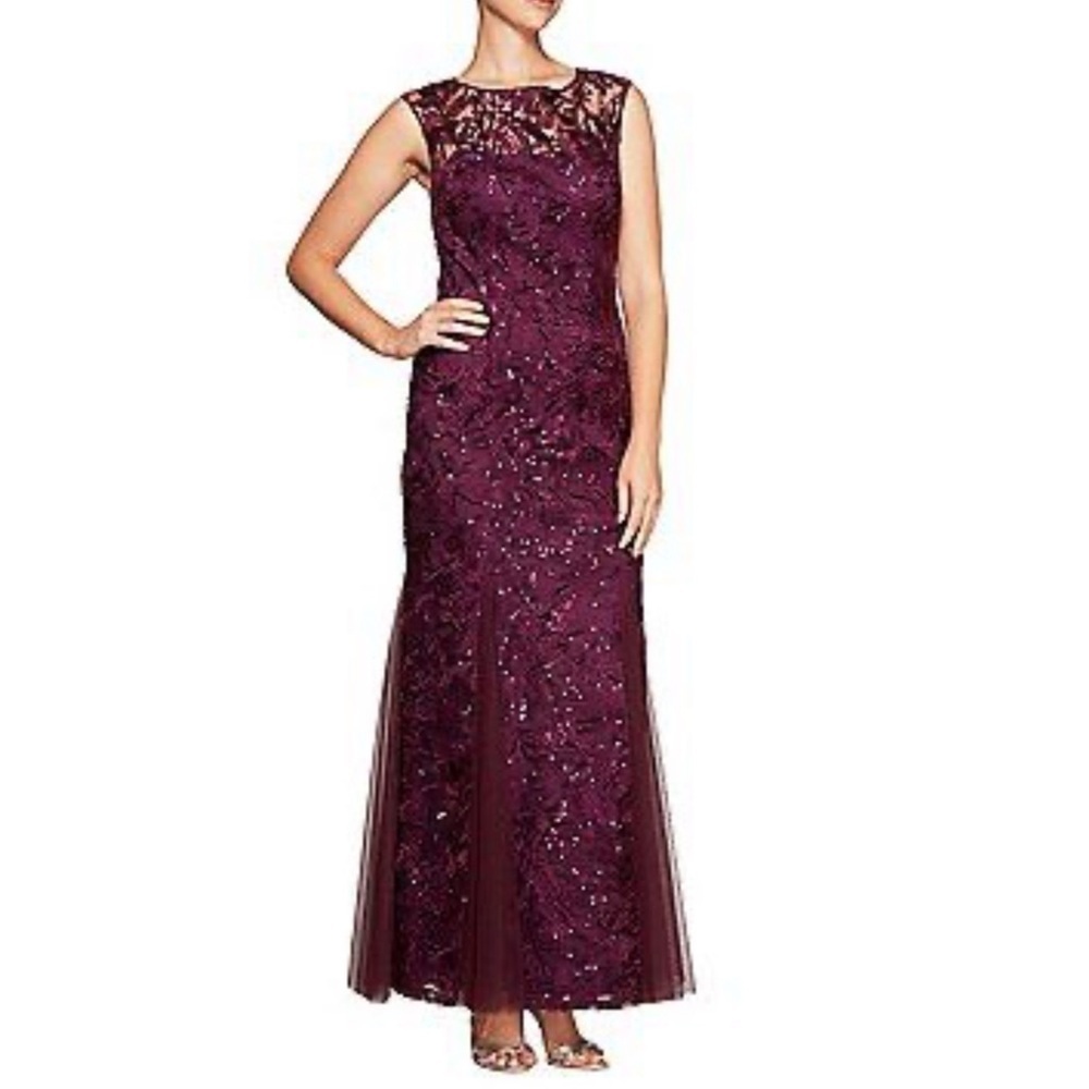 Alex Evenings Burgundy Lace Maxi Dress